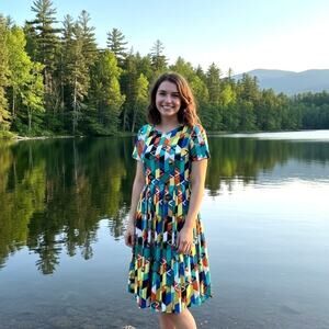 NEW LuLalRoe Amelia Dress Colorful Fit Flare Geometric Pattern Pleat Stretch XXS